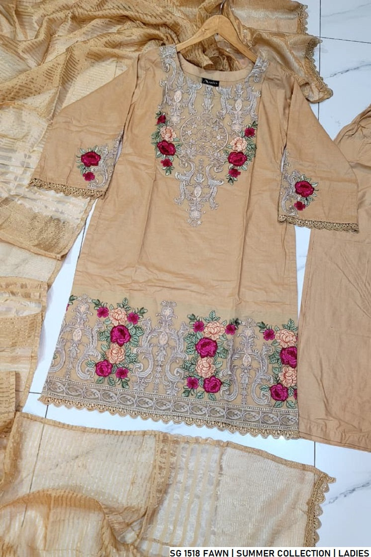Pakistani women's fawn lawn A-Line casual outfit back view