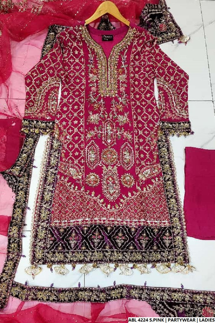 Pakistani women's shocking pink chiffon A-Line shirt full view