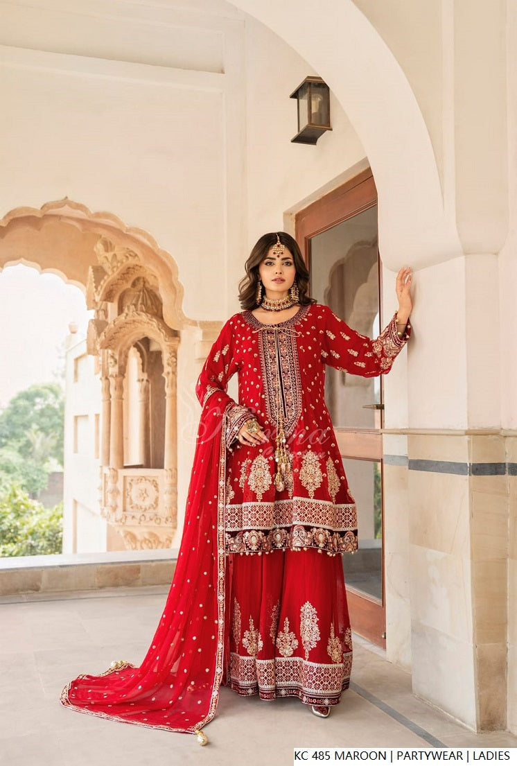 Pakistani women's maroon silk long kaftan plazo detail view