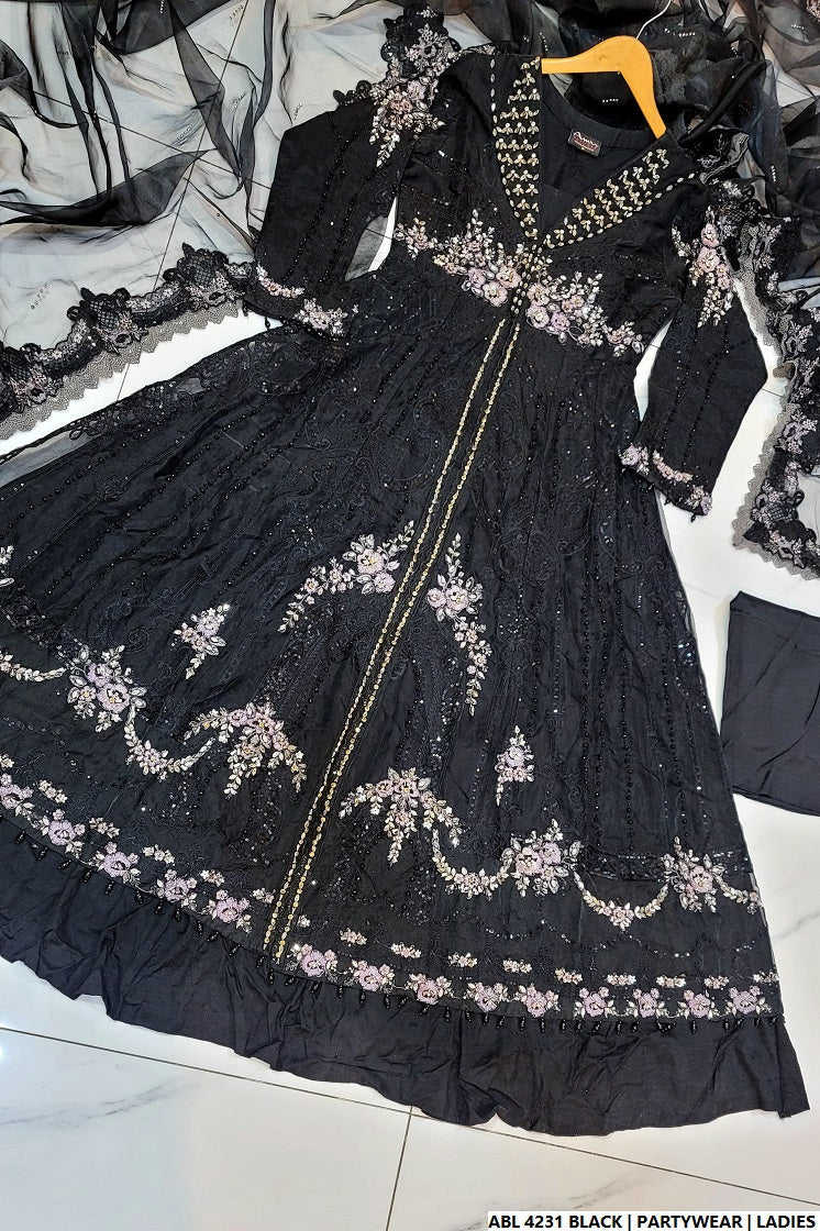 Pakistani women's black organza A-Line shirt full view