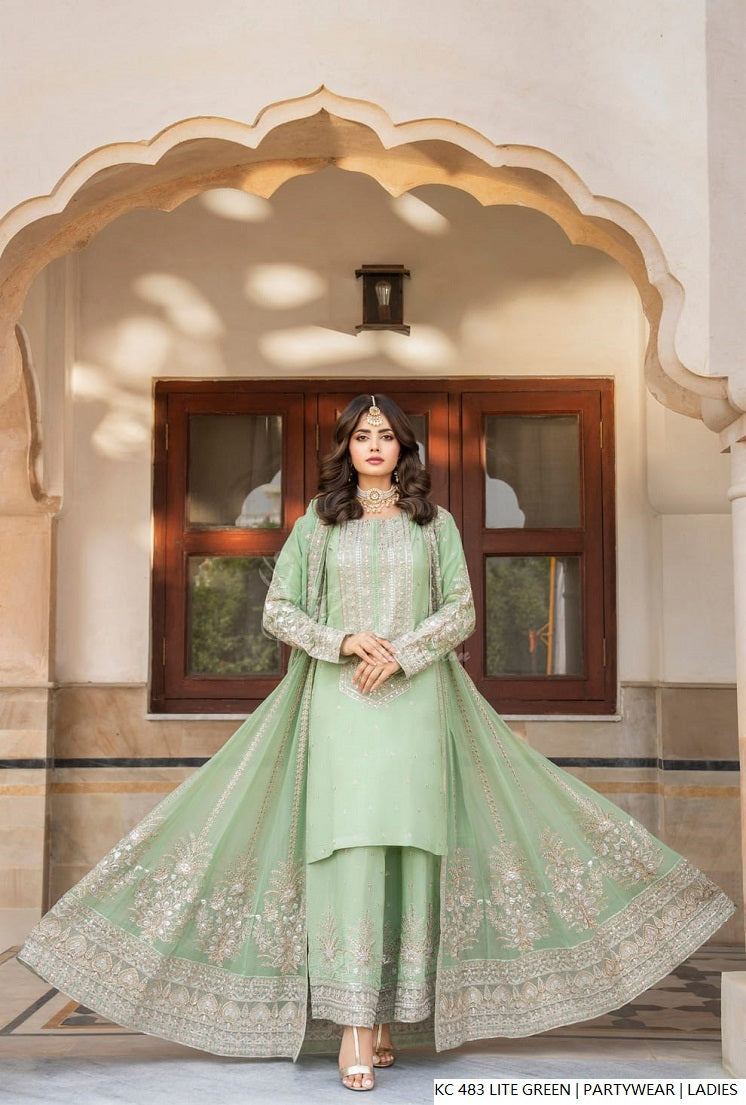 Pakistani women's light green silk long kaftan plazo back view