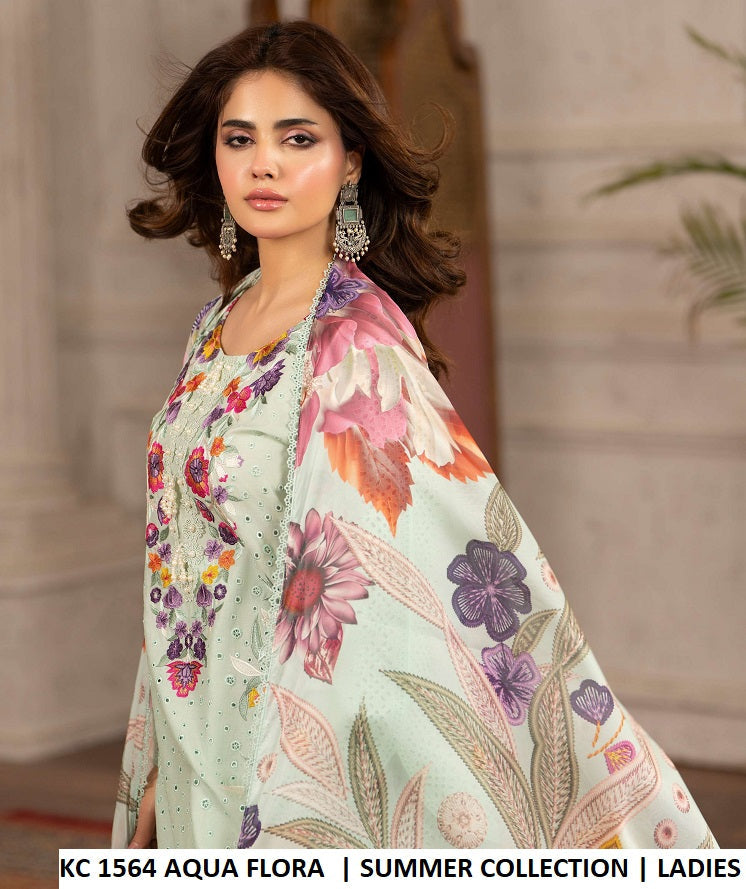 Aqua flora cotton thread embroidery Pakistani women's short round shirt side view