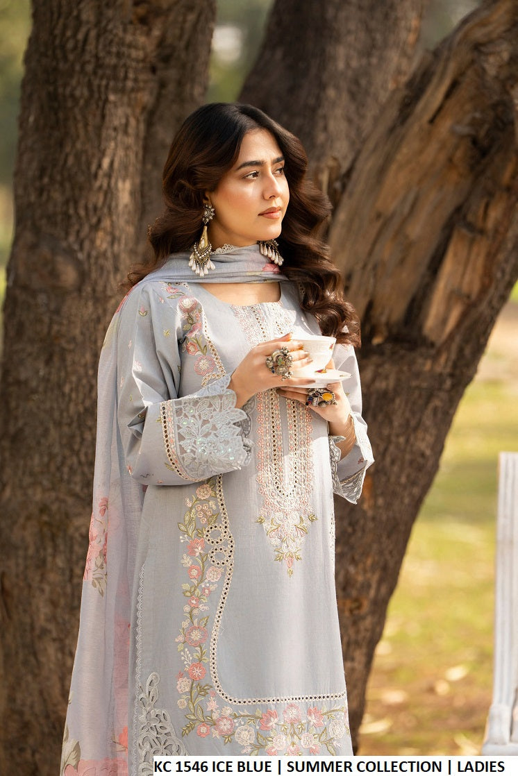 Ice blue cotton Pakistani women's long chikankari shirt side view