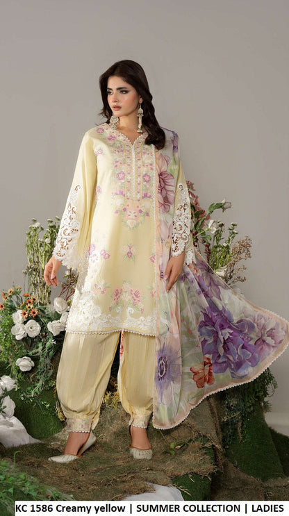 KC Ayra 1586 Creamy Yellow - Creamy Yellow Embroidered 3-Piece Ready to Wear Pakistani Suit