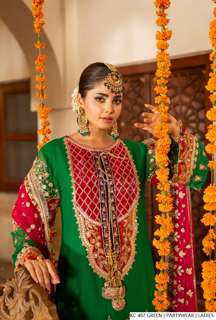 Green silk Pakistani women's long kaftan with plazo side view