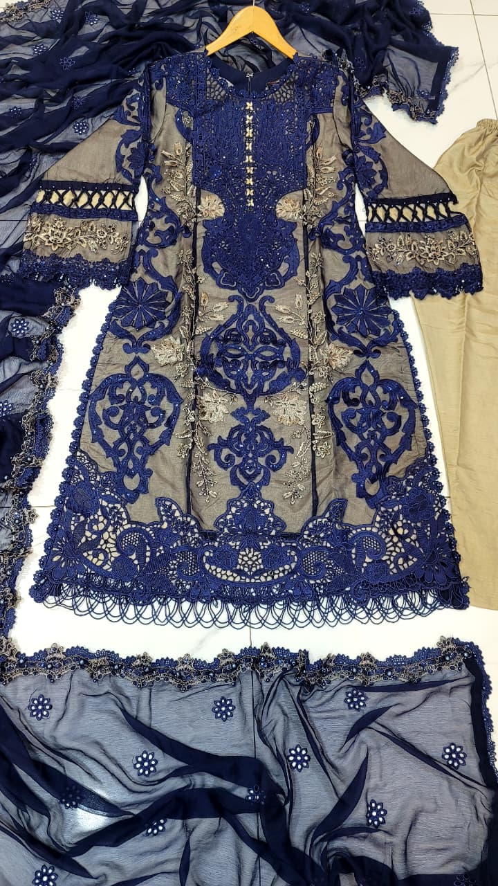 Pakistani women's navy blue organza A-Line shirt detail view
