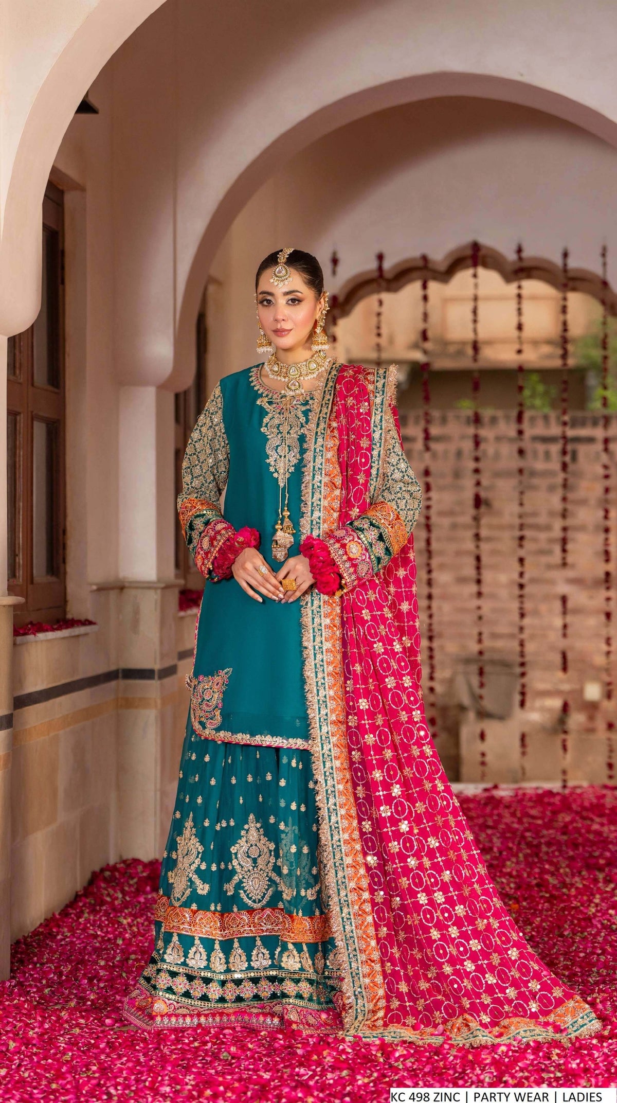 Chiffon short shirt garara zinc grey - Pakistani women's festive party wear with chiffon dupatta front view