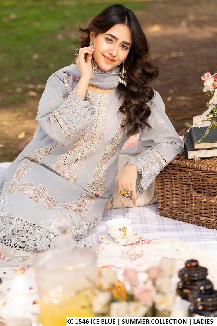 Pakistani women's ice blue cotton long chikankari shirt detail view