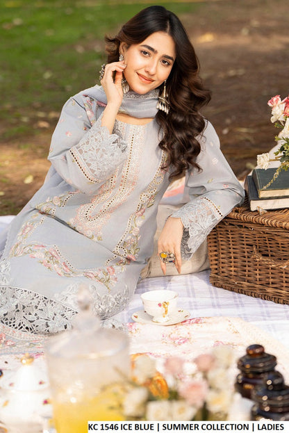 Pakistani women's ice blue cotton long chikankari shirt detail view