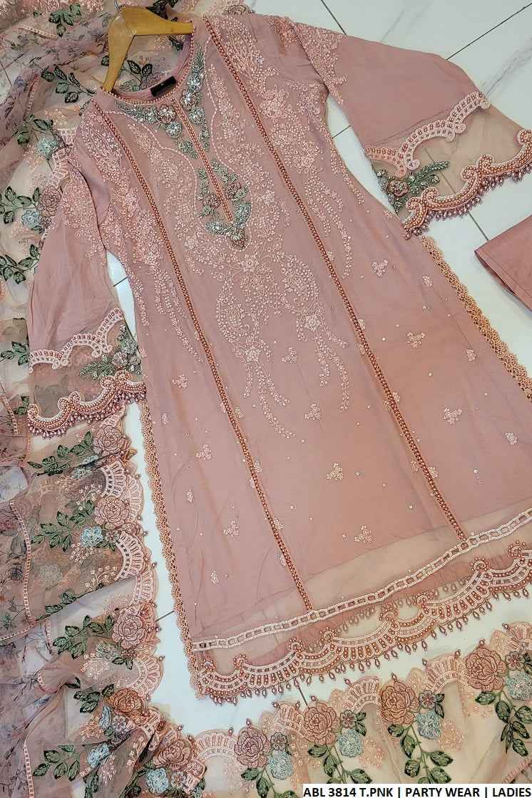 Pakistani women's tea pink chiffon A-Line shirt back view