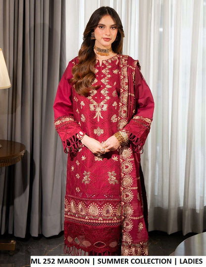 ML 252 MAROON - Maroon Cotton Straight 3-Piece Women's Pakistani Suit
