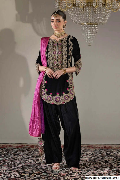 Velvet hand embroidered farshi shalwar suit - Pakistani women's luxury bridal winter formal wear with embroidered dupatta front view