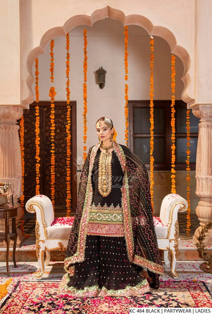 Pakistani women's black silk long kaftan plazo detail view