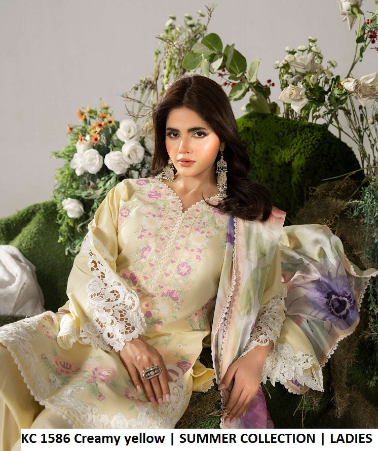KC Ayra 1586 Creamy Yellow - Creamy Yellow Embroidered 3-Piece Ready to Wear Pakistani Suit