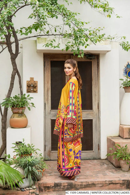 Pakistani women's caramel silk 2-piece formal suit detail view