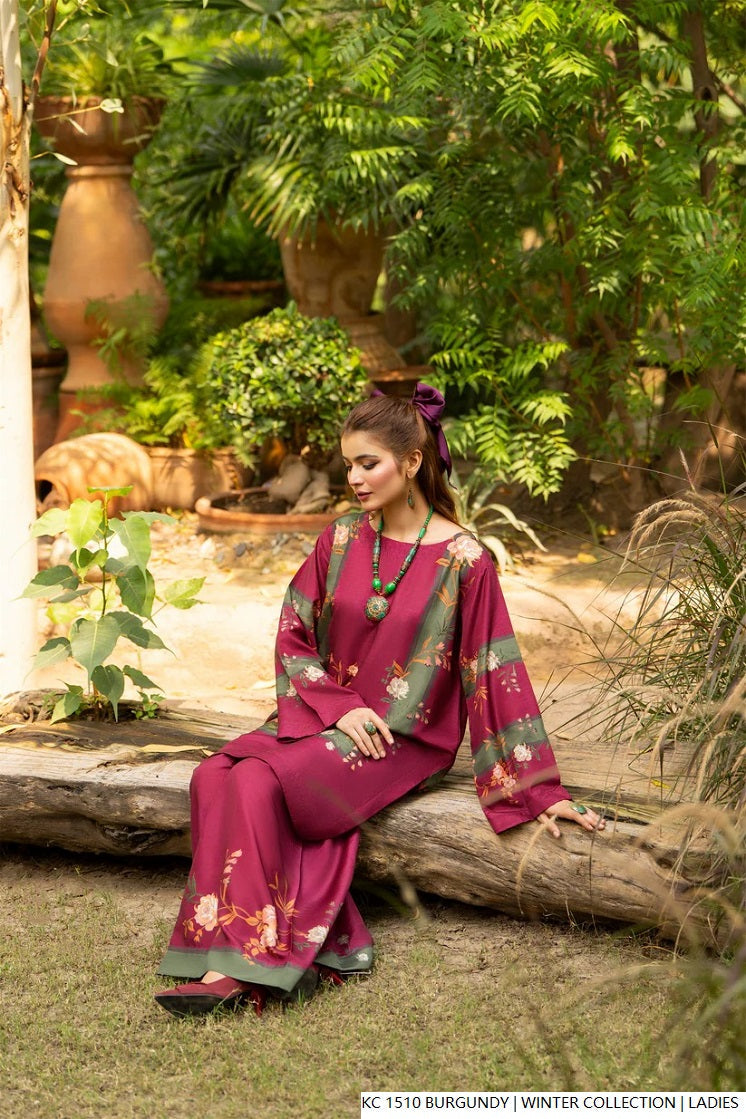 Pakistani women's burgundy silk 2-piece formal suit back view