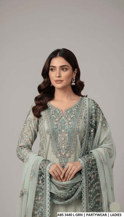 Pakistani women's light green organza straight shirt plazo detail view