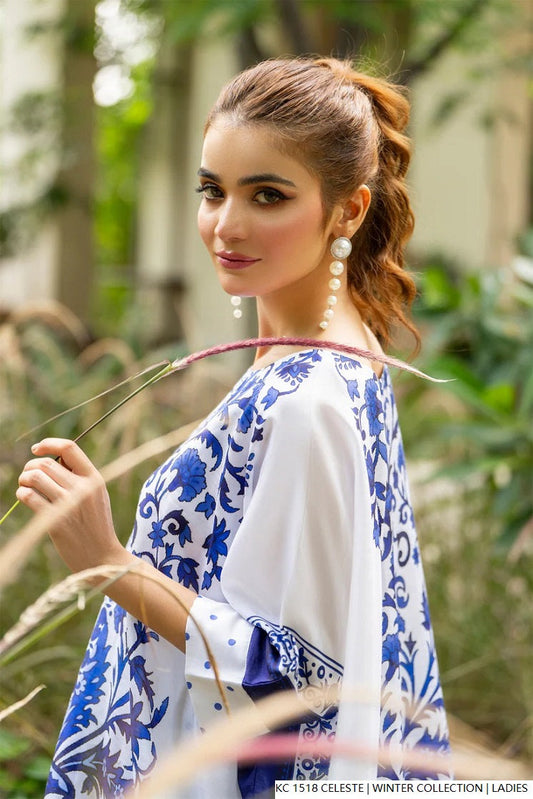 Celeste blue silk Pakistani women's 2-piece formal suit side view