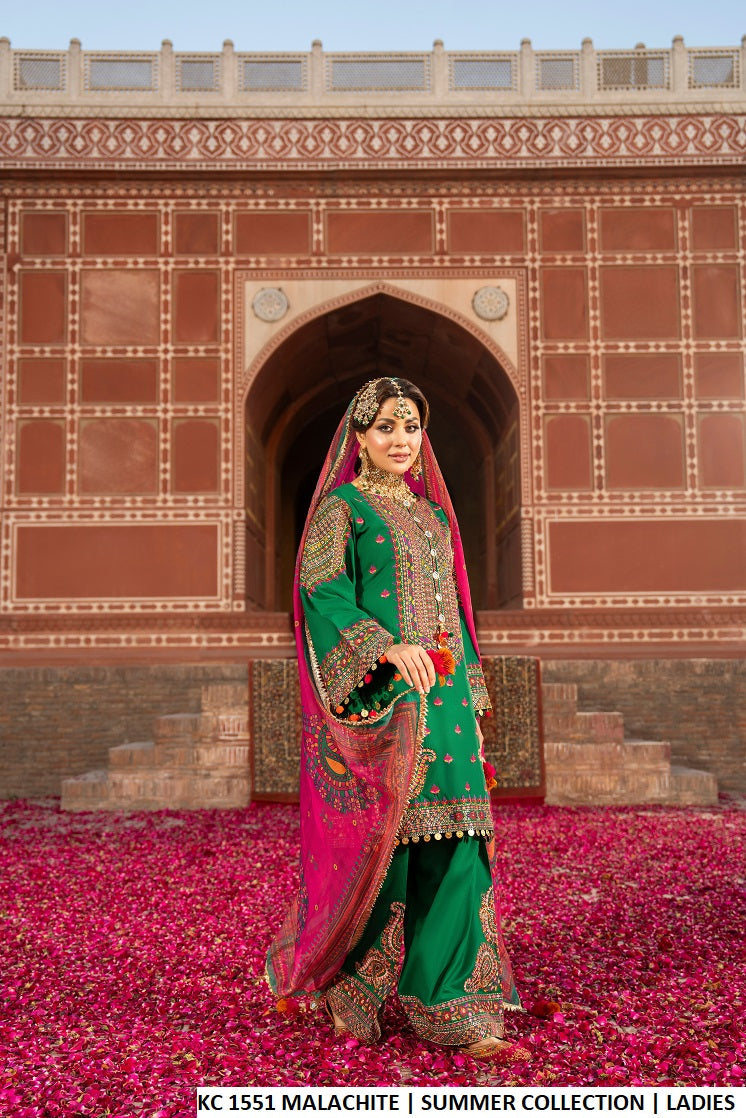 Cotton short shirt farshi shalwar malachite green - Pakistani women's traditional casual outfit with digital print dupatta front view