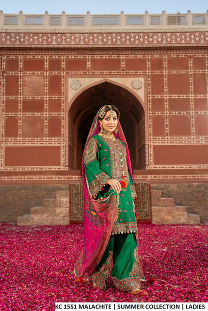 Cotton short shirt farshi shalwar malachite green - Pakistani women's traditional casual outfit with digital print dupatta front view