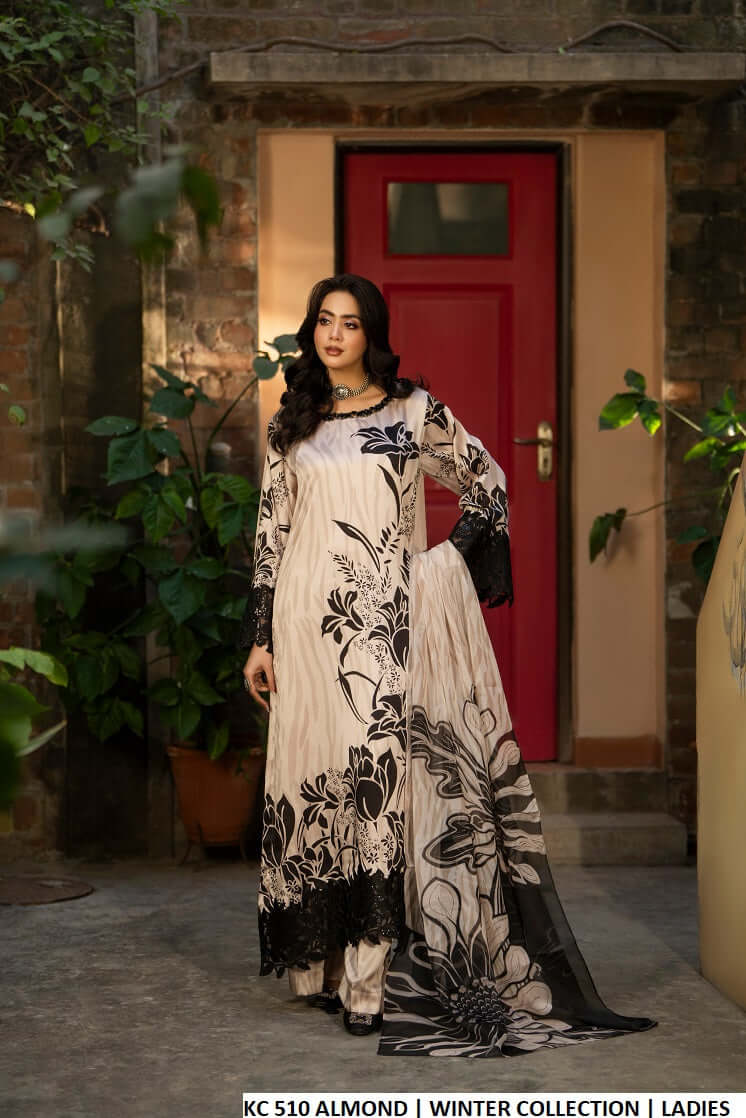 Silk long A-Line shirt plazo almond - Pakistani women's luxury formal wear with matching silk dupatta front view