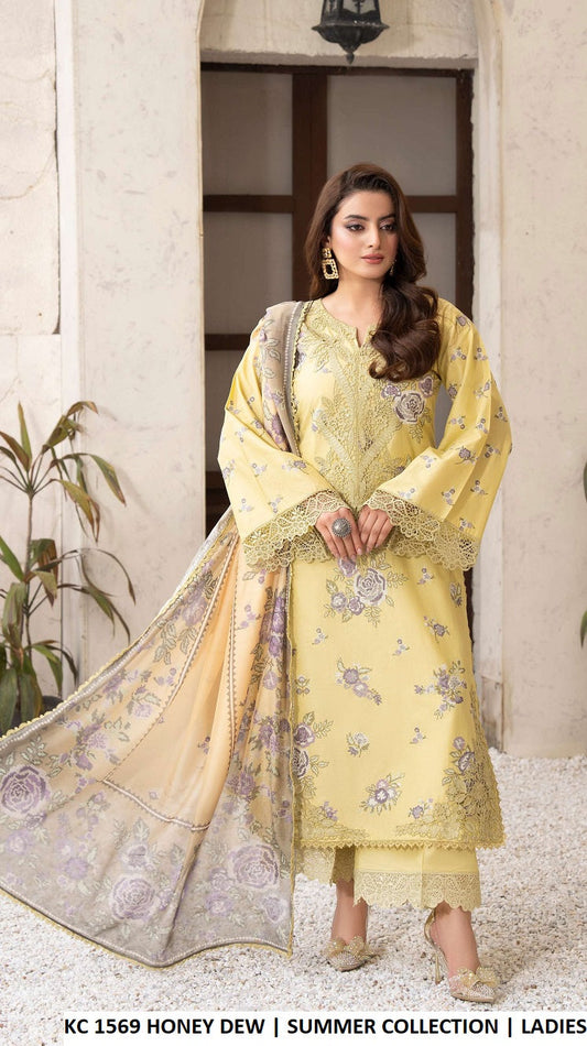 Cotton cross stitch embroidery long shirt KC TABEER 1569 HONEY DEW - Pakistani women's casual outfit with printed dupatta front view