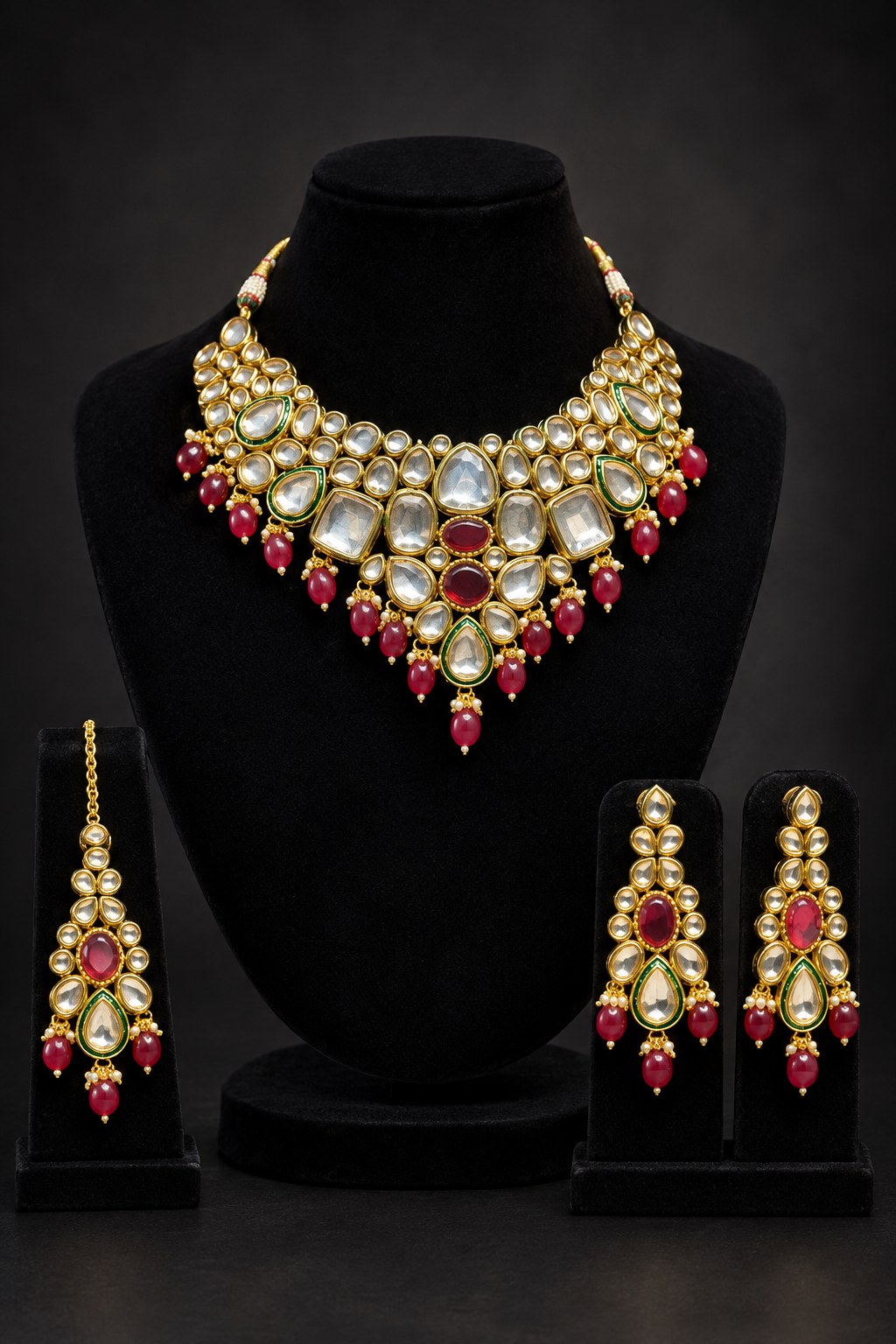 JW820 – Gold-Tone Kundan Choker Necklace Set with Red Beads