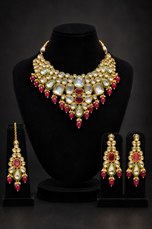 JW820 – Gold-Tone Kundan Choker Necklace Set with Red Beads