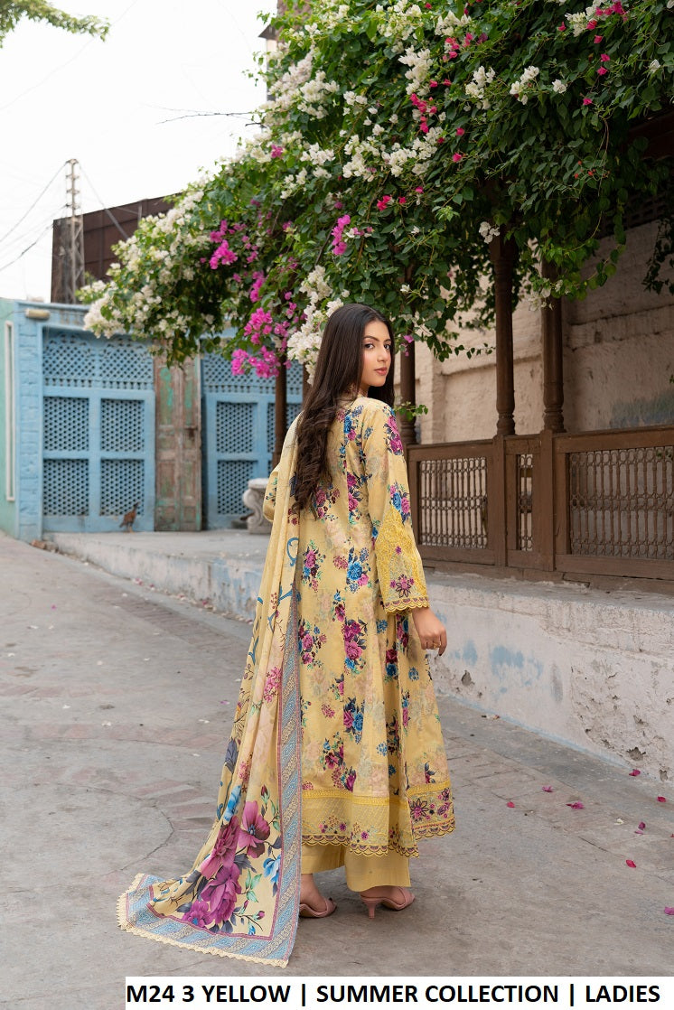 M24 3 PRINT - Elegant Printed Lawn 3-Piece Women's Long Frock with Plazo