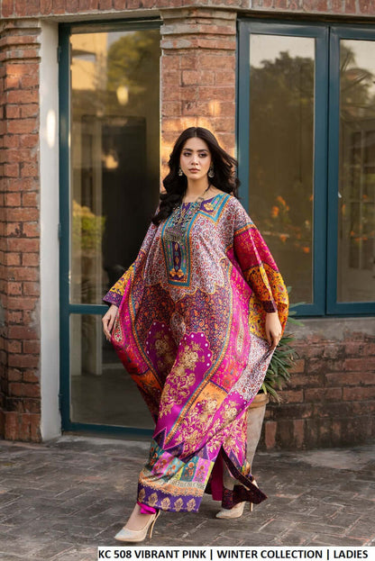 Silk long kaftan plazo vibrant pink - Pakistani women's luxury formal wear with matching silk dupatta front view