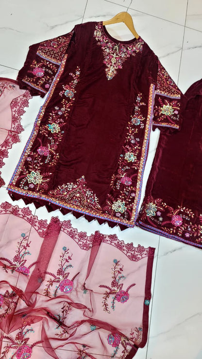 Pakistani women's maroon chiffon straight shirt plazo back view