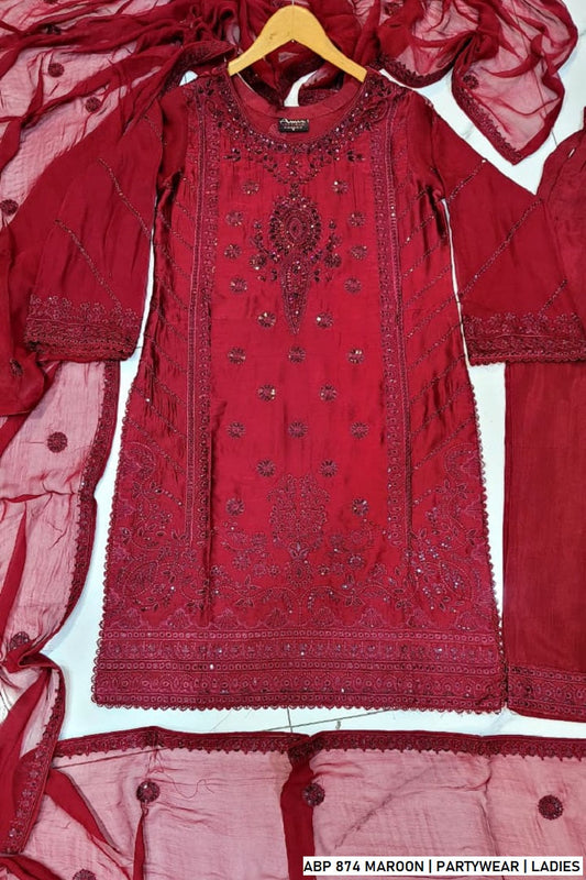 Maroon silk Pakistani women's straight shirt side view