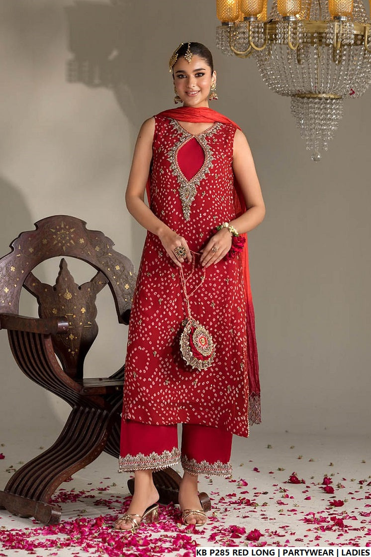Hand embroidered luxury long suit red - Pakistani women's bridal formal wear with embroidered dupatta front view