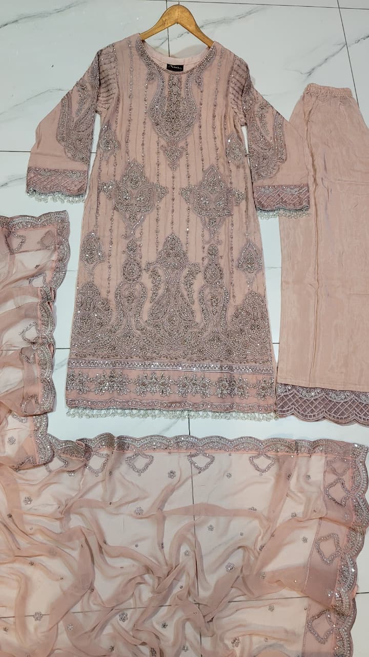 Pakistani women's tea pink chiffon straight shirt full view