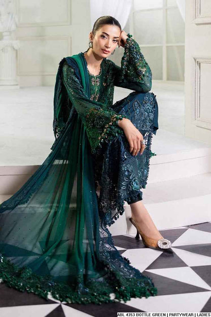 Pakistani women's bottle green chiffon A-Line shirt detail view