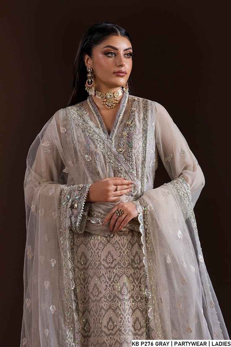 Gray hand embroidered Pakistani women's luxury suit side view