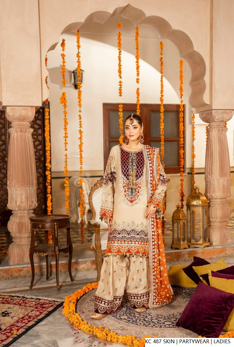 Silk long kaftan plazo skin - Pakistani women's luxury formal wear with silk dupatta front view