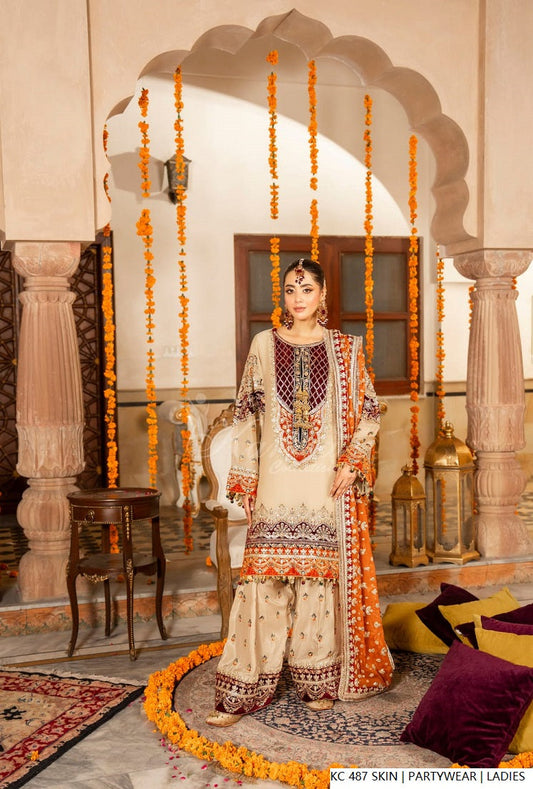 Silk long kaftan plazo skin - Pakistani women's luxury formal wear with silk dupatta front view