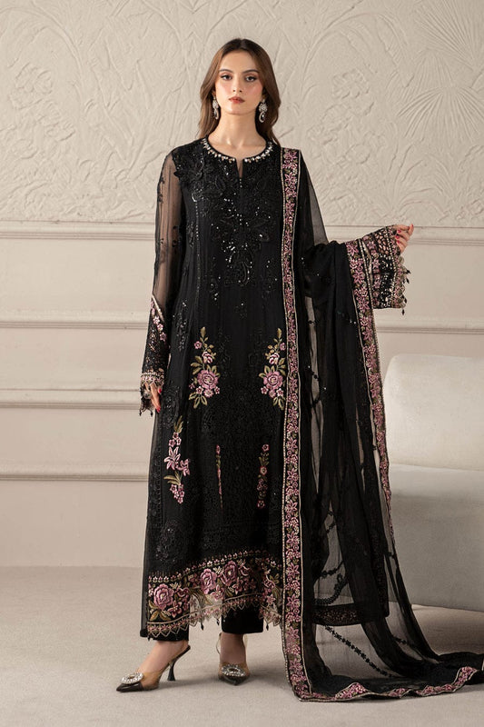 Organza A-Line shirt black - Pakistani women's elegant formal wear with viscose trouser and organza dupatta front view