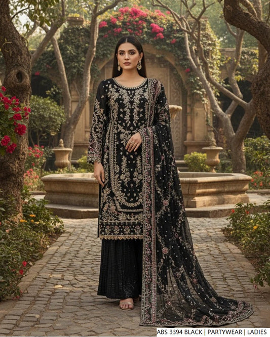 Organza straight shirt black - Pakistani women's elegant formal wear with viscose trouser and organza dupatta front view