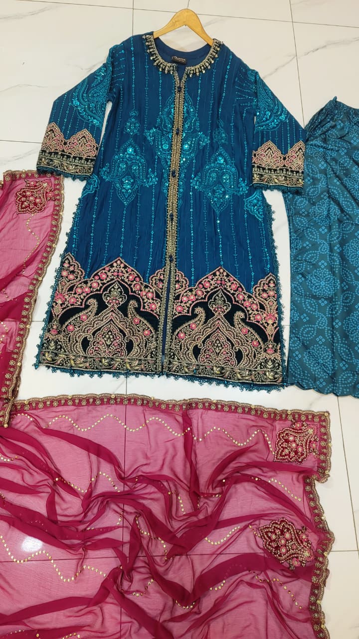 Pakistani women's teal green organza A-Line shirt full view