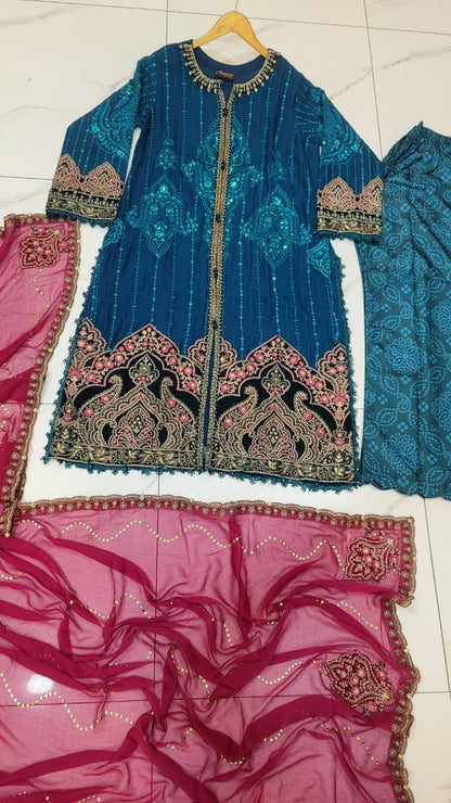 Pakistani women's teal green organza A-Line shirt full view