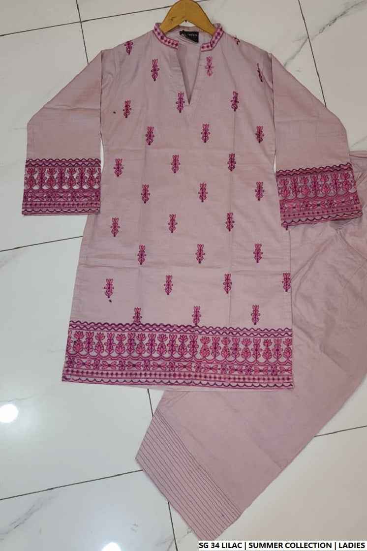 Pakistani women's lilac silk short shirt farshi shalwar full view