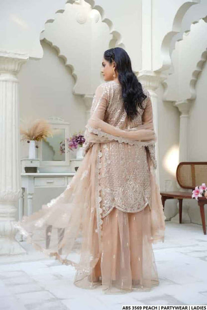 Pakistani women's peach organza straight shirt back view