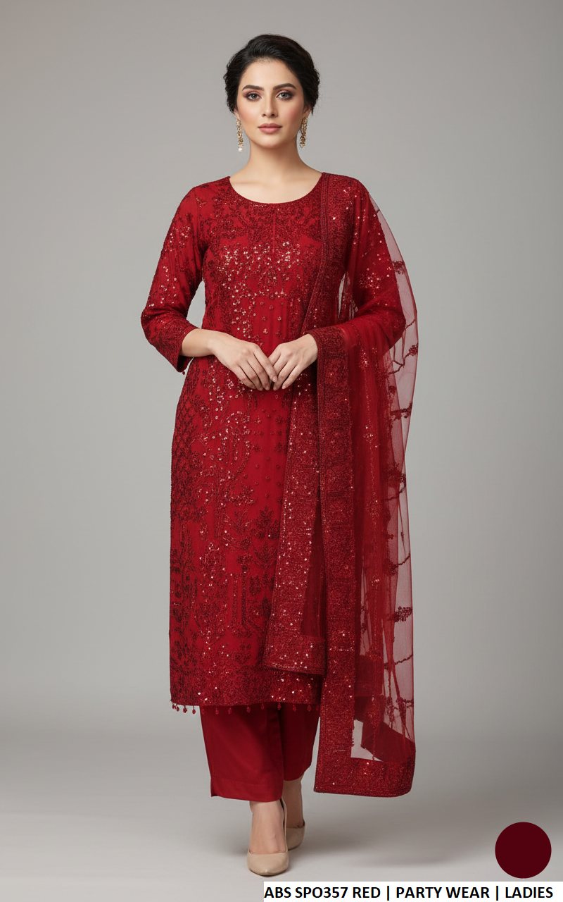 Soft net straight shirt plazo red - Pakistani women's formal party wear with grip plazo and net dupatta front view