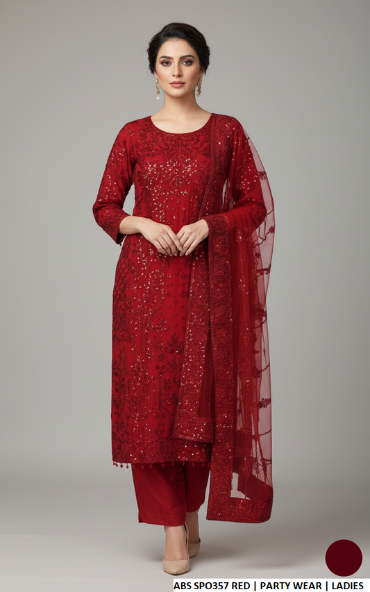 Soft net straight shirt plazo red - Pakistani women's formal party wear with grip plazo and net dupatta front view