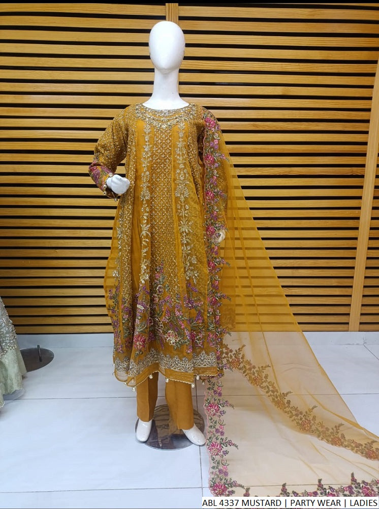 Organza straight shirt mustard yellow - Pakistani women's elegant party wear with grip trouser and chiffon dupatta front view