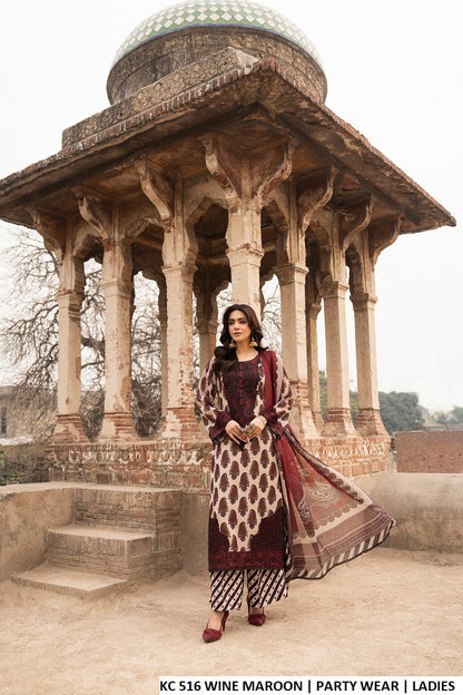 Printed georgette straight shirt plazo wine maroon - Pakistani women's applique embroidered semi-formal outfit with printed dupatta front view