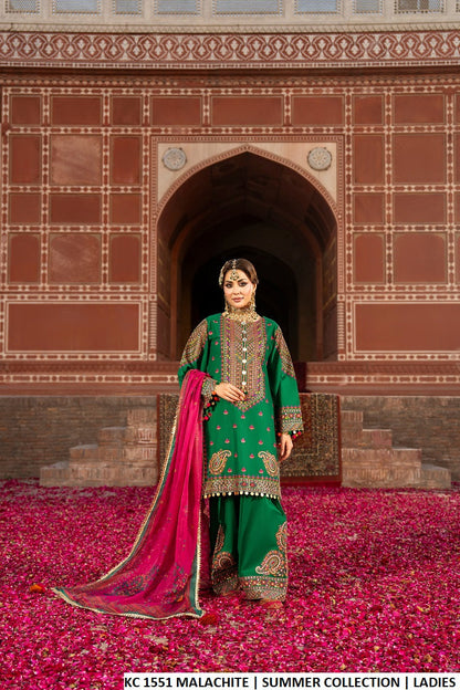 Malachite green cotton Pakistani women's short shirt with farshi shalwar side view