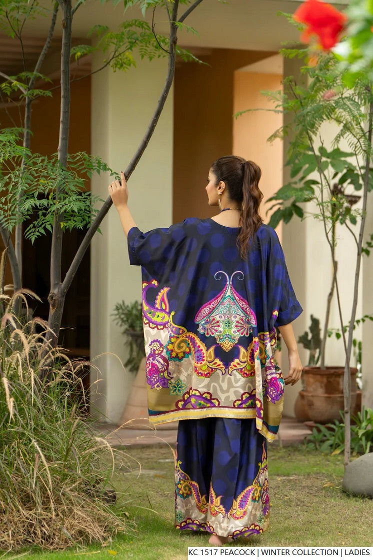 Pakistani women's peacock blue silk 2-piece formal suit full view